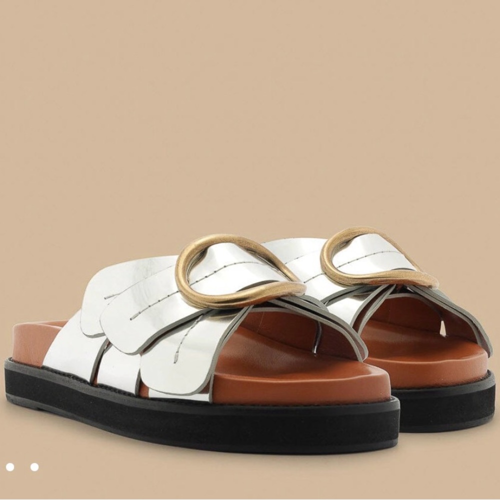 FARM Rio White Leather Slide Sandals with Gold Ring & Tan Footbed